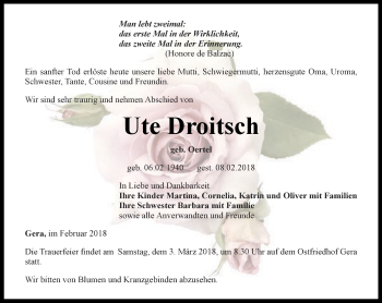 Traueranzeige von Ute Droitsch von Ostthüringer Zeitung