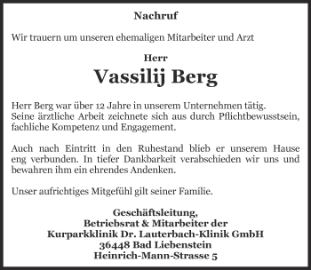 Traueranzeige von Vassilij Berg von Thüringer Allgemeine, Thüringische Landeszeitung