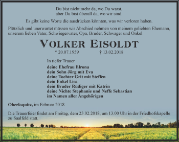 Traueranzeige von Volker Eisoldt von Ostthüringer Zeitung