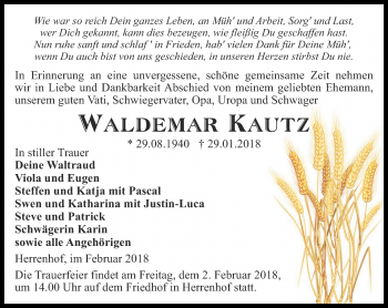 Traueranzeige von Waldemar Kautz von Ostthüringer Zeitung, Thüringische Landeszeitung