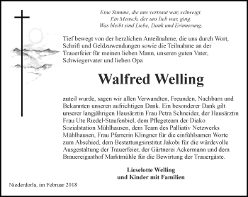 Traueranzeige von Walfred Welling von Thüringer Allgemeine, Thüringische Landeszeitung