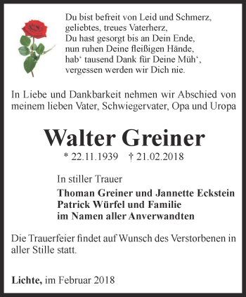 Traueranzeige von Walter Greiner von Ostthüringer Zeitung