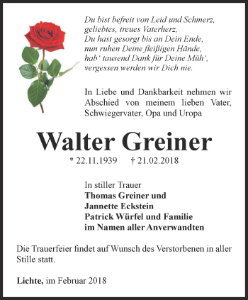 Traueranzeige von Walter Greiner von Ostthüringer Zeitung