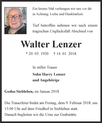 Traueranzeige von Walter Lenzer von Ostthüringer Zeitung, Thüringische Landeszeitung