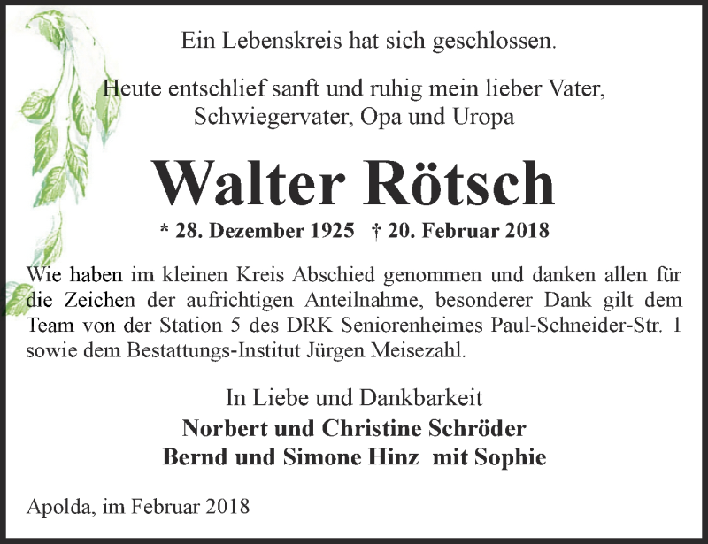  Traueranzeige für Walter Rötsch vom 24.02.2018 aus Thüringer Allgemeine, Thüringische Landeszeitung