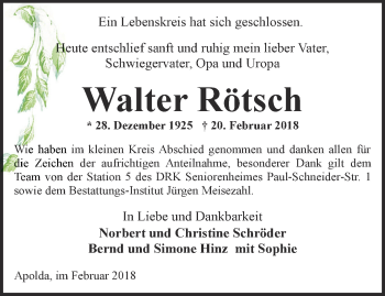 Traueranzeige von Walter Rötsch von Thüringer Allgemeine, Thüringische Landeszeitung