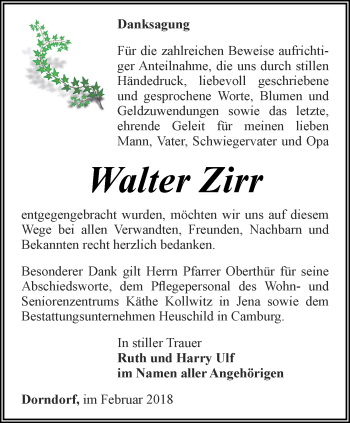 Traueranzeige von Walter Zirr von Ostthüringer Zeitung, Thüringische Landeszeitung
