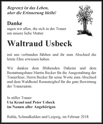 Traueranzeige von Waltraud Usbeck von Thüringer Allgemeine, Thüringische Landeszeitung