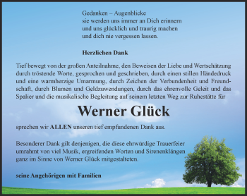 Traueranzeige von Werner Glück von Ostthüringer Zeitung, Thüringische Landeszeitung