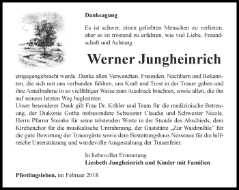 Traueranzeige von Werner Jungheinrich von Ostthüringer Zeitung, Thüringische Landeszeitung