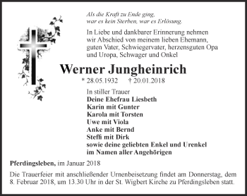 Traueranzeige von Werner Jungheinrich von Ostthüringer Zeitung, Thüringische Landeszeitung