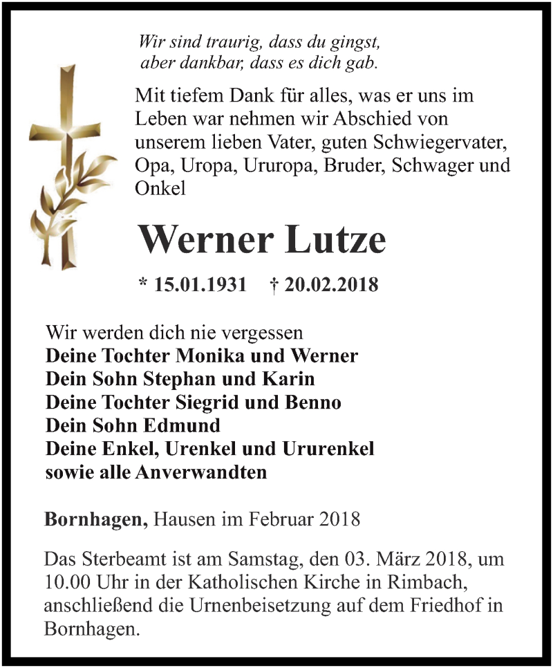  Traueranzeige für Werner Lutze vom 28.02.2018 aus Thüringer Allgemeine