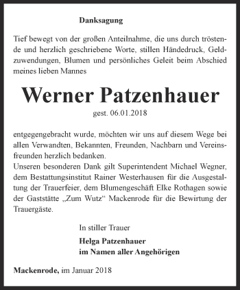 Traueranzeige von Werner Patzenhauer von Thüringer Allgemeine