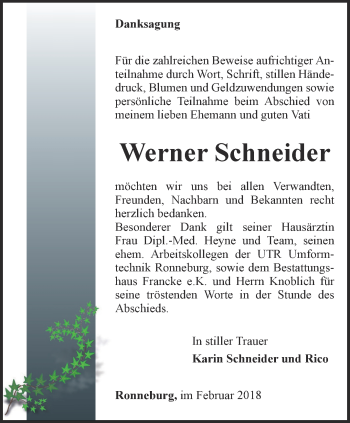 Traueranzeige von Werner Schneider von Ostthüringer Zeitung