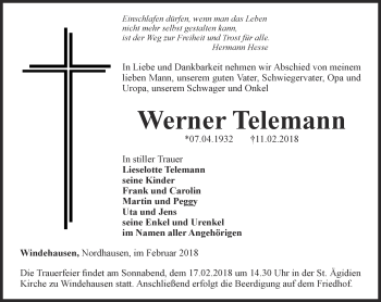 Traueranzeige von Werner Telemann von Thüringer Allgemeine