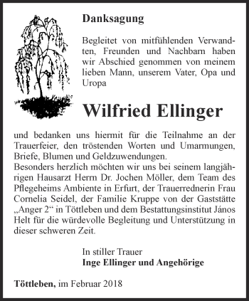 Traueranzeige von Wilfried Ellinger von Thüringer Allgemeine, Thüringische Landeszeitung