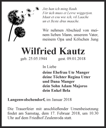 Traueranzeige von Wilfried Kautz von Ostthüringer Zeitung