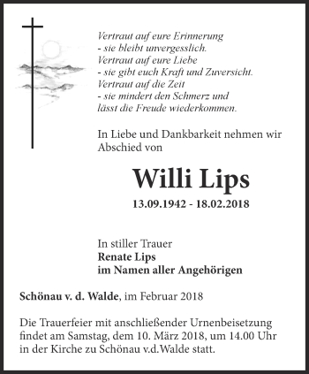 Traueranzeige von Willi Lips von Ostthüringer Zeitung, Thüringische Landeszeitung