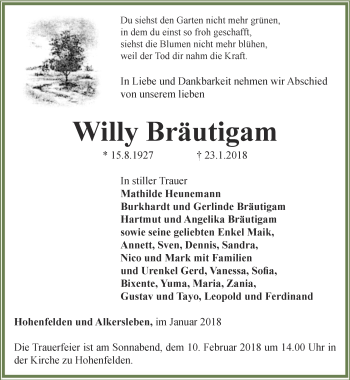 Traueranzeige von Willy Bräutigam von Thüringer Allgemeine, Thüringische Landeszeitung