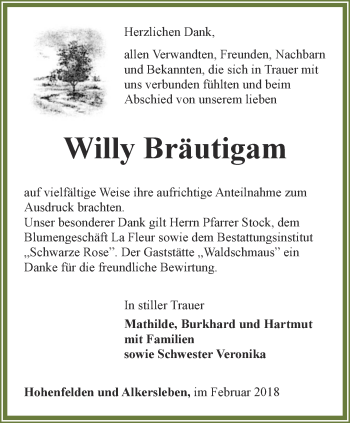 Traueranzeige von Willy Bräutigam von Thüringer Allgemeine, Thüringische Landeszeitung