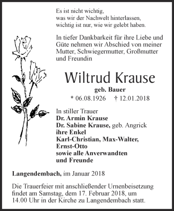 Traueranzeige von Wiltrud Krause