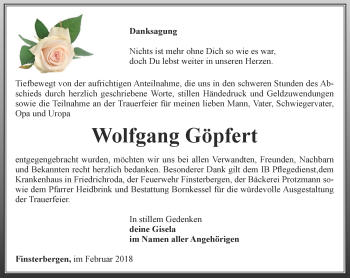 Traueranzeige von Wolfgang Göpfert von Ostthüringer Zeitung, Thüringische Landeszeitung