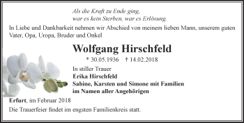 Traueranzeige von Wolfgang Hirschfeld von Thüringer Allgemeine, Thüringische Landeszeitung