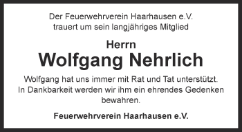 Traueranzeige von Wolfgang Nehrlich von Thüringer Allgemeine