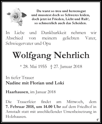 Traueranzeige von Wolfgang Nehrlich von Thüringer Allgemeine