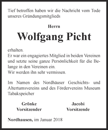 Traueranzeige von Wolfgang Picht von Thüringer Allgemeine