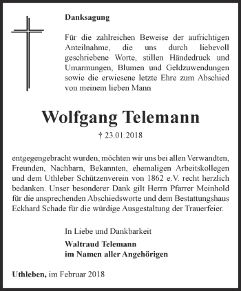 Traueranzeige von Wolfgang Telemann von Thüringer Allgemeine