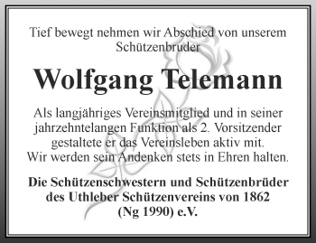 Traueranzeige von Wolfgang Telemann von Thüringer Allgemeine