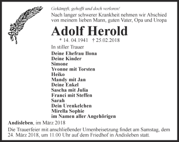 Traueranzeige von Adolf Herold von Thüringer Allgemeine, Thüringische Landeszeitung