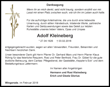 Traueranzeige von Adolf Kleineberg von Thüringer Allgemeine