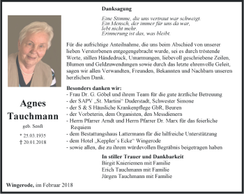 Traueranzeige von Agnes Tauchmann von Thüringer Allgemeine