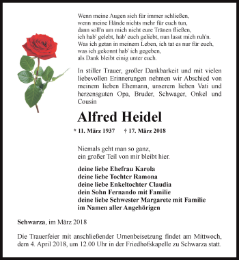 Traueranzeige von Alfred Heidel von Ostthüringer Zeitung