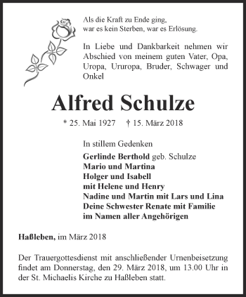 Traueranzeige von Alfred Schulze von Thüringer Allgemeine, Thüringische Landeszeitung