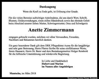 Traueranzeige von Anette Zimmermann von Ostthüringer Zeitung