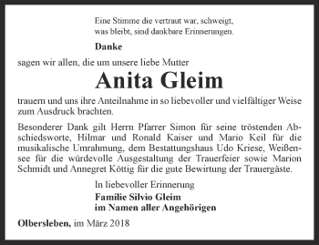 Traueranzeige von Anita Gleim von Thüringer Allgemeine