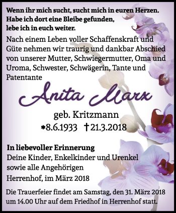 Traueranzeige von Anita Marx von Ostthüringer Zeitung, Thüringische Landeszeitung