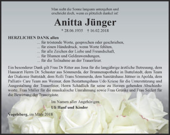 Traueranzeige von Anitta Jünger von Thüringer Allgemeine