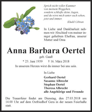 Traueranzeige von Anna Barbara Oertel von Ostthüringer Zeitung