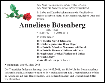 Traueranzeige von Anneliese Bösenberg von Thüringer Allgemeine