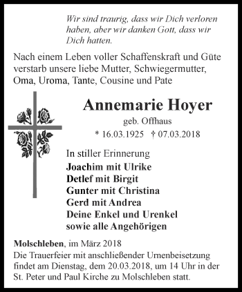 Traueranzeige von Annemarie Hoyer von Ostthüringer Zeitung, Thüringische Landeszeitung