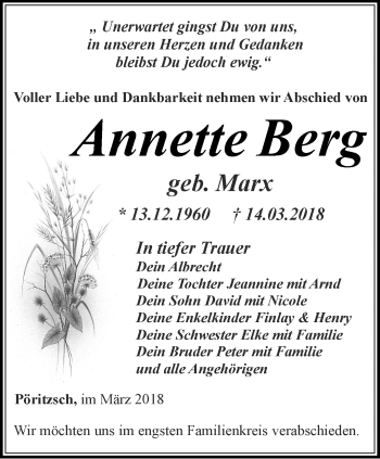 Traueranzeige von Annette Berg von Ostthüringer Zeitung