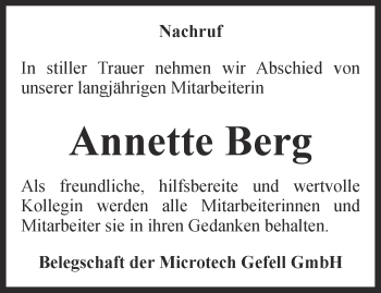 Traueranzeige von Annette Berg von Ostthüringer Zeitung