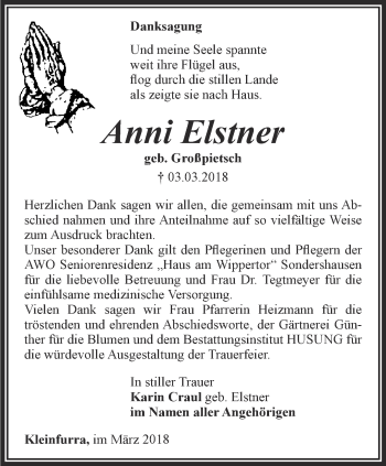 Traueranzeige von Anni Elstner von Thüringer Allgemeine