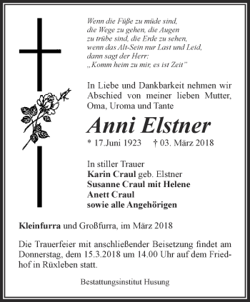 Traueranzeige von Anni Elstner von Thüringer Allgemeine