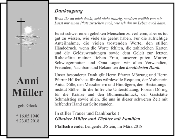 Traueranzeige von Anni Müller von Thüringer Allgemeine