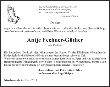 Traueranzeige von Antje Fechner-Güther von Ostthüringer Zeitung